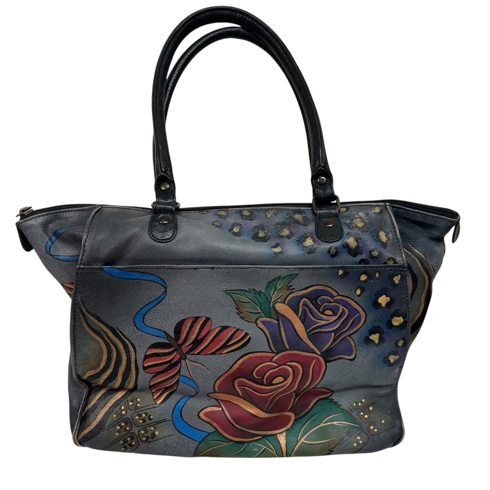 Anuschka Hand Painted Leather Handbag Tote Roses Butterfly Crossbody